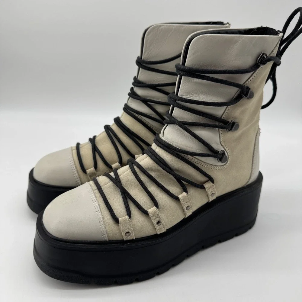 Free People Simone Platform Combat Boots 38 Cream Leather Suede Zip Up Alt Goth